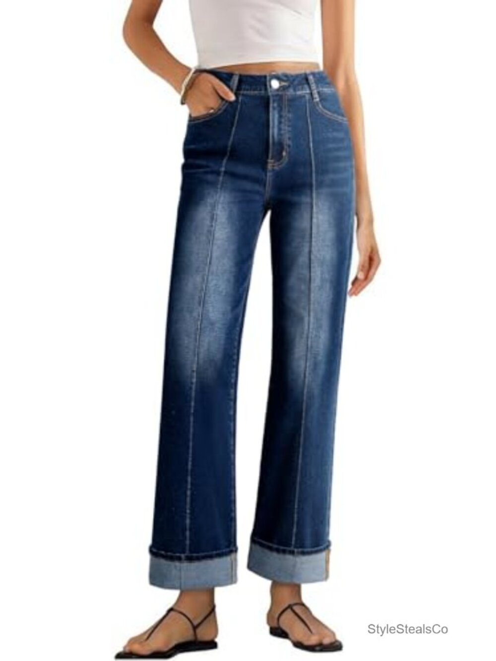 Wide Leg Cuffed High Waisted Stretchy Denim Jeans with Pockets